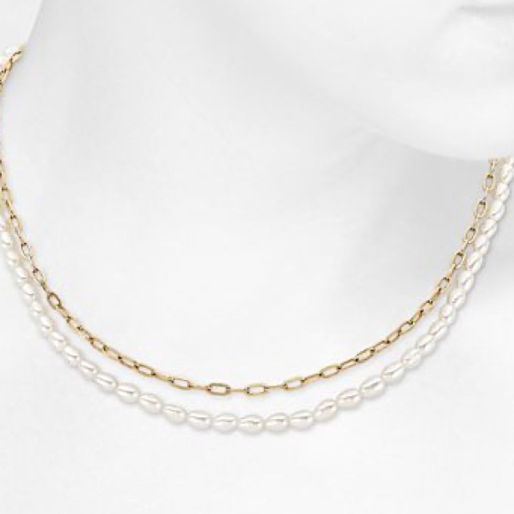 New J. Crew Freshwater Pearl x Gold Paperclip Chain Dainty Double Layer necklace